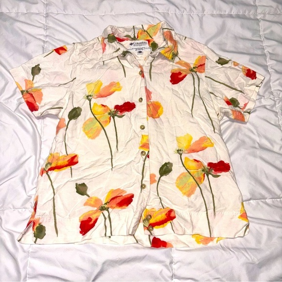 Vtg Columbia Floral Print Button Up Shirt Womens Large Linen Blend Vintage - Picture 1 of 5